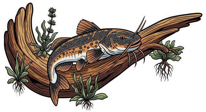 Illustrated catfish resting on a piece of wooden log