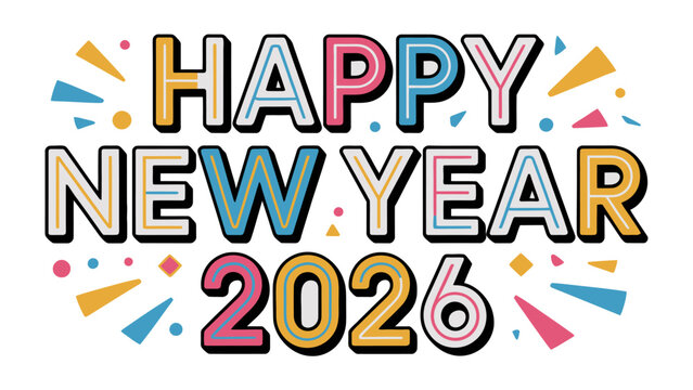 Happy New Year 2026: A vibrant and colorful design spells out Happy New Year 2026, with a burst of festive confetti and radiating lines to welcome the future.  - Powered by Adobe