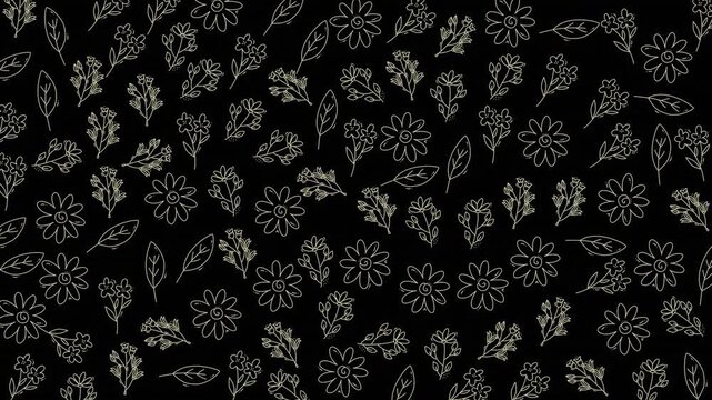 A sophisticated black background featuring intricate white floral outlines, ideal for artistic projects, textiles, or decorative backgrounds with a minimalist floral theme