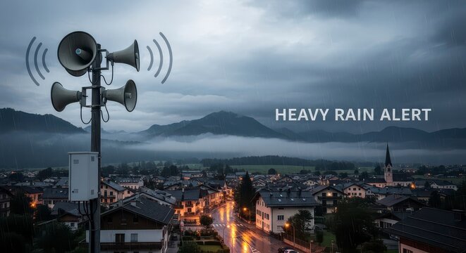 Townscape with siren warning of heavy rain in a storm