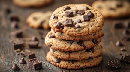 Stack of warm chocolate chip cookies on rustic wood