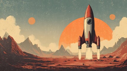 Vintage style depiction of a space vessel taking off from a rugged planetary surface