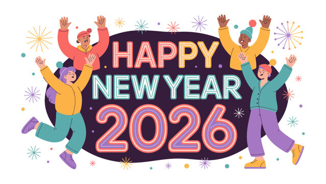 New Year 2026 Celebration: Capturing the spirit of joyous celebration with dynamic design, embodying the festive atmosphere of the New Year, showcasing modern typography and vibrant hues. 