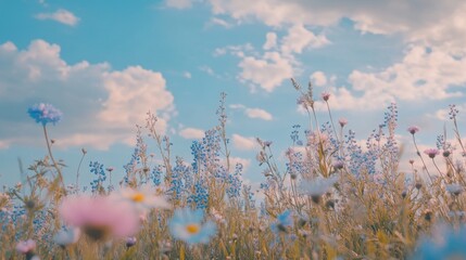 Serene field of wildflowers beneath a cloudy sky captures natural beauty
