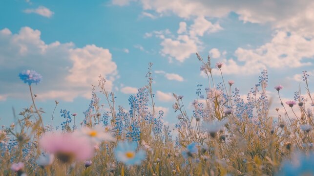 Serene field of wildflowers beneath a cloudy sky captures natural beauty