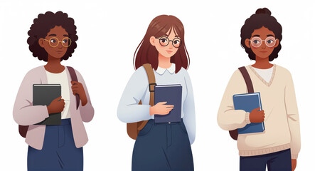 Fototapeta premium Intellectual Trio: Three diverse female students, each with glasses and a book in hand, stand ready to embark on their educational journey