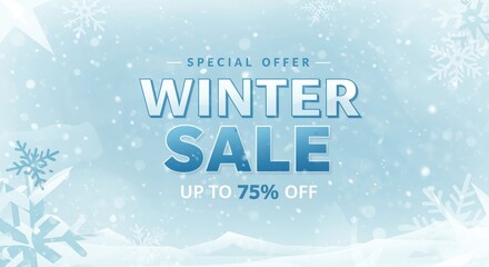 Winter Sale: A captivating winter sale promotion banner featuring snowflakes, ice crystals, and frosty ambiance, offering up to 75% off. 