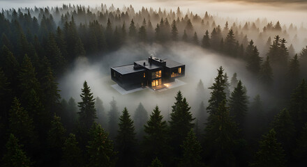 Modern architectural house design glowing amidst foggy forest, evokes luxury, serenity and nature retreat