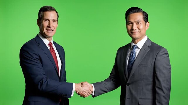 Two Professionals Shaking Hands on a Green Screen Backdrop for Business Agreement