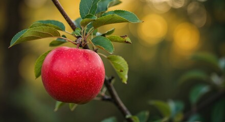 Apples on a Branch: A close-up shot of a vibrant red apple, hanging from a branch amidst lush green leaves, the fruit radiating freshness and the essence of a natural harvest.