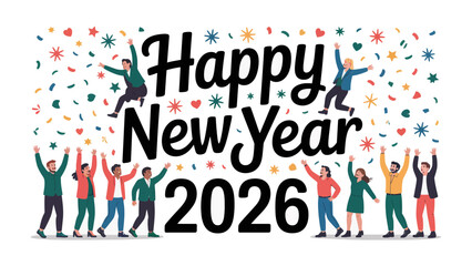 Celebration of New Year 2026: A vibrant and colorful display of joy and optimism, welcoming the arrival of 2026 with a lively celebration. Happy New Year banner floats over figures celebrating.