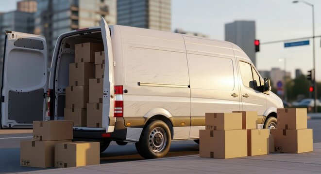 Delivery van unloading boxes on urban street at dusk