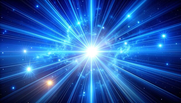 Bright central starburst effect with radiating lines and scattered bokeh lights in deep blue