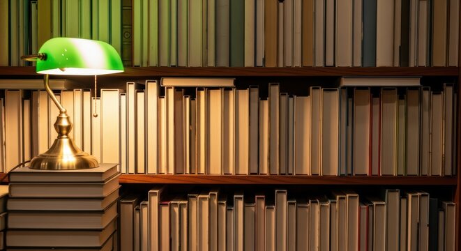 “cozy library scene with green lamp and organized bookshelves”
