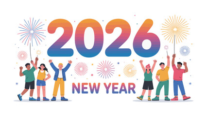 Vibrant New Year 2026 Celebration: A jubilant group of individuals welcomes the dawn of 2026, igniting fireworks against a backdrop of colorful displays.