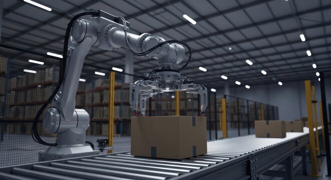 Advanced robotic arm sorting packages in warehouse conveyor system