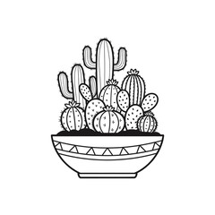 Fototapeta premium Minimalist potted cactus arrangement in black and white line art illustration simple botanical
