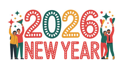 New Year Celebration 2026: Festive graphic design elements that portray the dawn of 2026, featuring celebratory figures, colorful text, and vibrant embellishments.