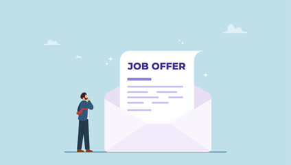 Naklejka premium Businessman candidate thinking to accept job offer email envelope. Job offer or job opportunity to be promoted or new position for higher salary, employment and recruitment, human resources.