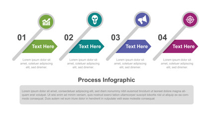 Colorful FourStep Process Infographic with Icons, Text Boxes, and Connector Lines Design