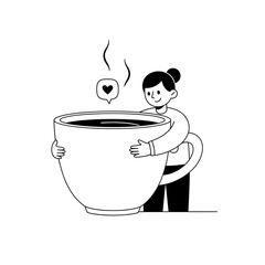 Delightful doodle of a woman embracing an oversized steaming cup of aromatic coffee bliss