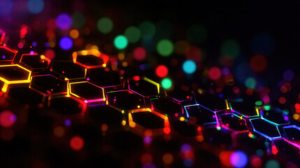 Abstract hexagonal network illuminated by vibrant bokeh lights