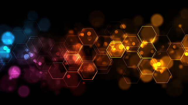Abstract hexagonal network with glowing lights and bokeh effects