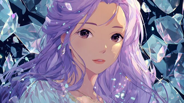 Beautiful young woman with flowing lavender hair surrounded by floating crystalline shards - Powered by Adobe
