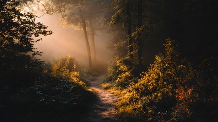Obraz premium Morning sun beams illuminate a narrow, winding dirt path leading through a dense, atmospheric forest.