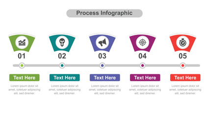 Colorful Process Infographic Showing Five Steps with Icons, Numbers, and Placeholder Text