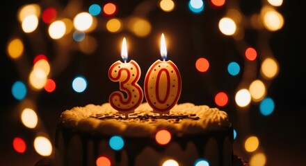 Celebratory cake with 30th birthday candles and colorful bokeh lights
