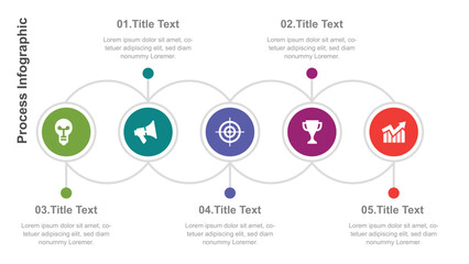 FiveStep Process Infographic with Icons Representing Ideas, Promotion, Goals, Achievements and Growth for Presentation Use