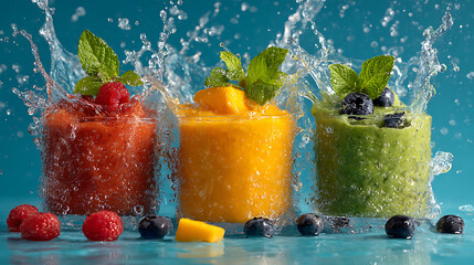 Fresh fruit smoothies splash with vibrant colors and mint leaves in a refreshing summer scene