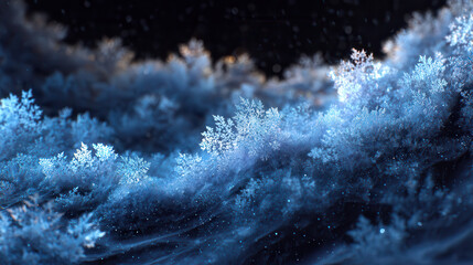 Close up of intricate snowflakes sparkling in cool blue light