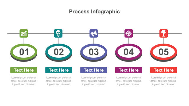 FiveStep Process Infographic with Icons, Numbered Circles, and Placeholders for Text Description