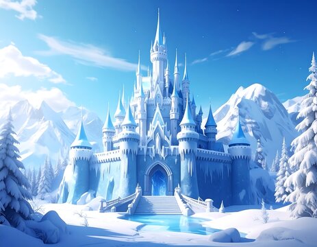 A majestic blue castle amidst snow-covered mountains