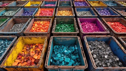 Array of bins filled with small, brightly colored shards, a vivid display of mixed hues