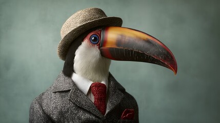 Obraz premium Dapper tropical bird wearing formal attire and a straw hat poses against a muted background