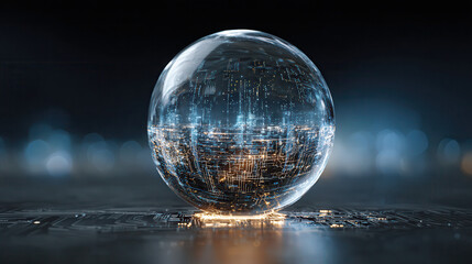 Futuristic crystal egg encasing a cityscape with glowing lights