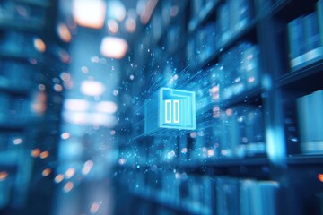 Futuristic digital concept of data and information, floating in a library, showcasing modern tech