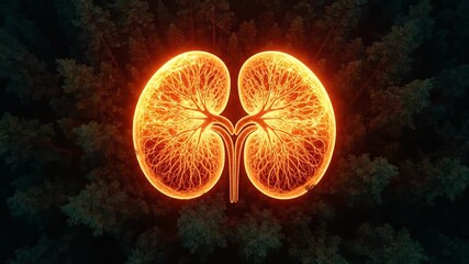 Vital Spark: Glowing Human Kidneys Animation amidst the Serene Forest Backdrop