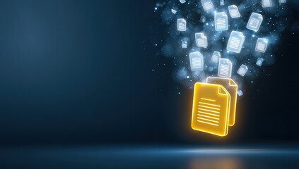 Animated, glowing documents ascending against a dark blue backdrop, showcasing digital data