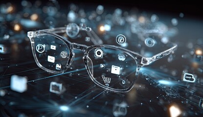 Futuristic eyeglasses frame overlaid with digital icons floating on a blurry, tech-themed background