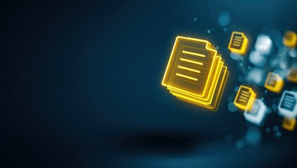 Conceptual digital image of glowing document icons floating against a dark blue background