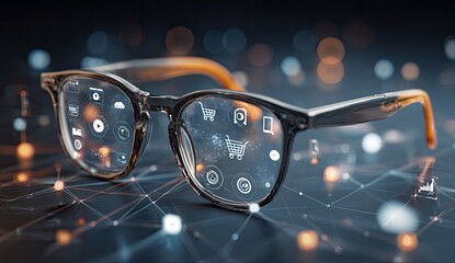 Futuristic glasses with holographic icons, resting on a network of glowing lines