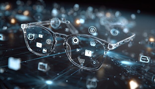 Futuristic eyeglasses frame overlaid with digital icons floating on a blurry, tech-themed background