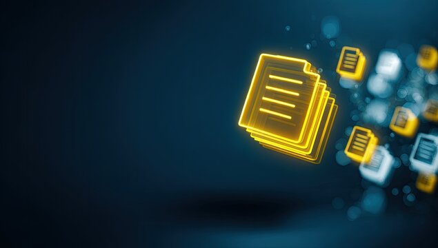 Conceptual digital image of glowing document icons floating against a dark blue background