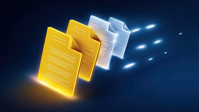 Glowing documents cascading diagonally, suggesting data flow or information transformation. A dark blue backdrop