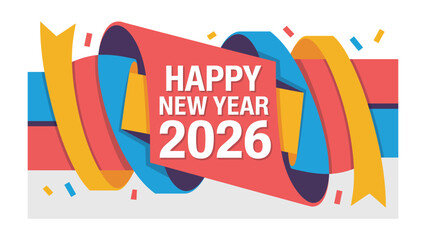 New Year's Banner 2026: A vibrant and festive banner for the New Year 2026, the design features ribbons and confetti to create a sense of celebration and anticipation for the new year.
