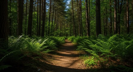 Tranquil forest pathway lined with ferns under sunlit pine trees